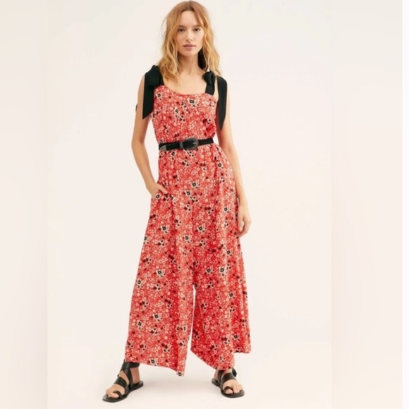 Free People Cecelia Jumpsuit in Red Combo Sz S - Picture 1 of 14